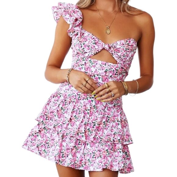 Hello Molly Ruffled Out Pink Floral One Shoulder Dress S Tiered Mini - Picture 1 of 10